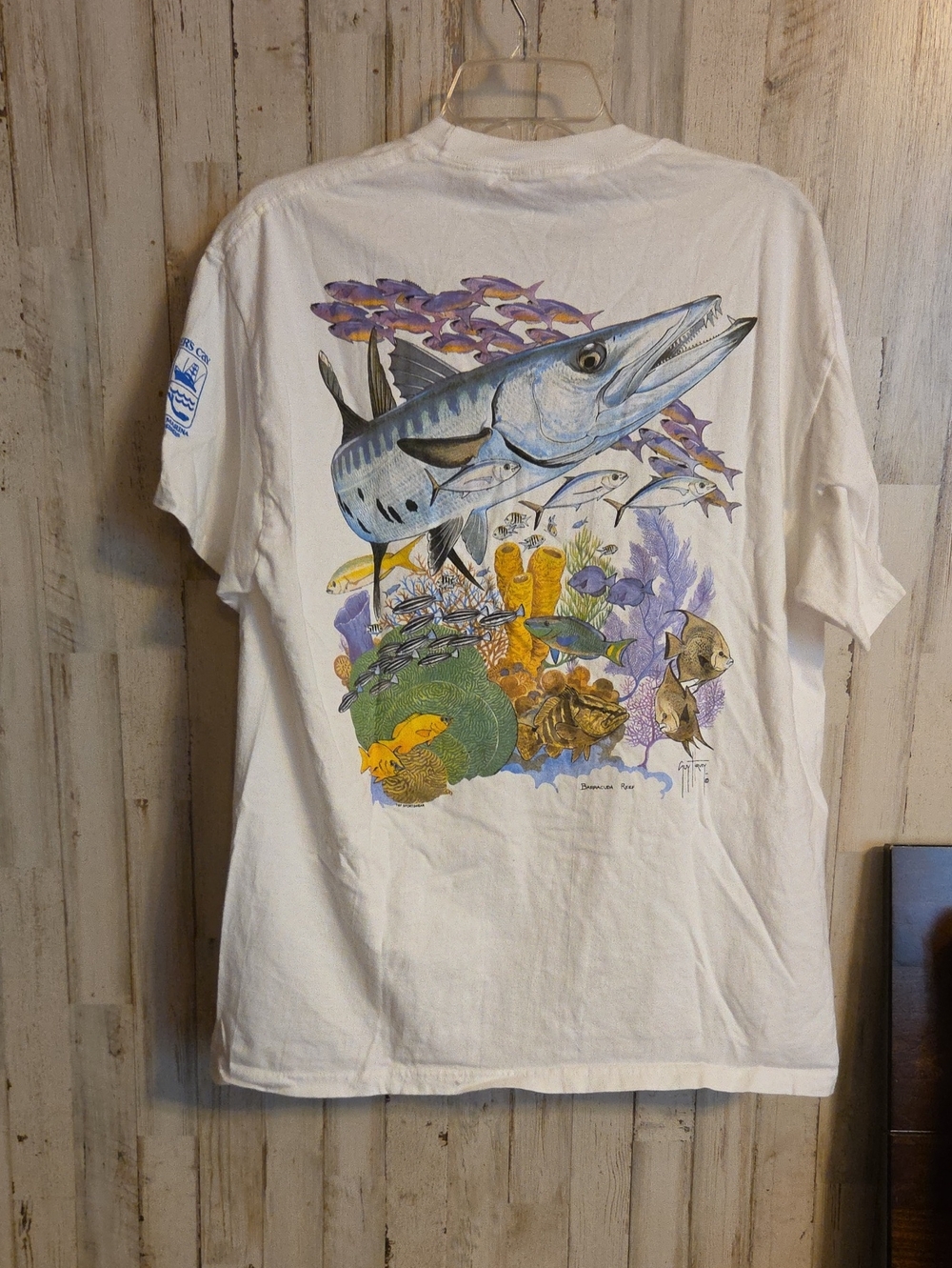White Graphic Fish Tee with Multicolor Ocean Illustration